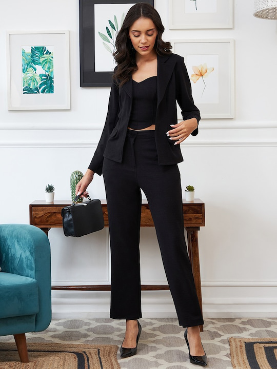 Women's Draped Blazer Top And Slit Palazzo Pants Set