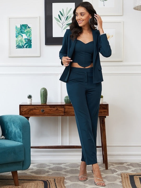 Women's Draped Blazer Top And Slit Palazzo Pants Set