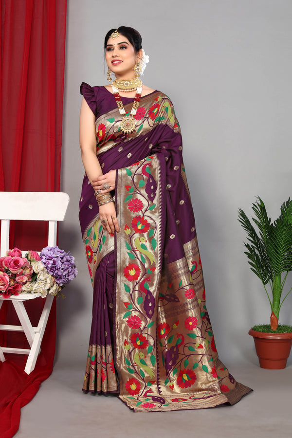 Floral Paithani Silk Heavy Pallu With Zari Weaving Saree